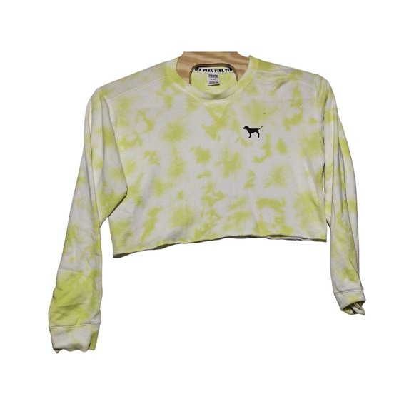 Pink Victoria's Secret Cropped Sweater Yellow Tie dye Size M‎ Terry Lined cutoff - Picture 2 of 7